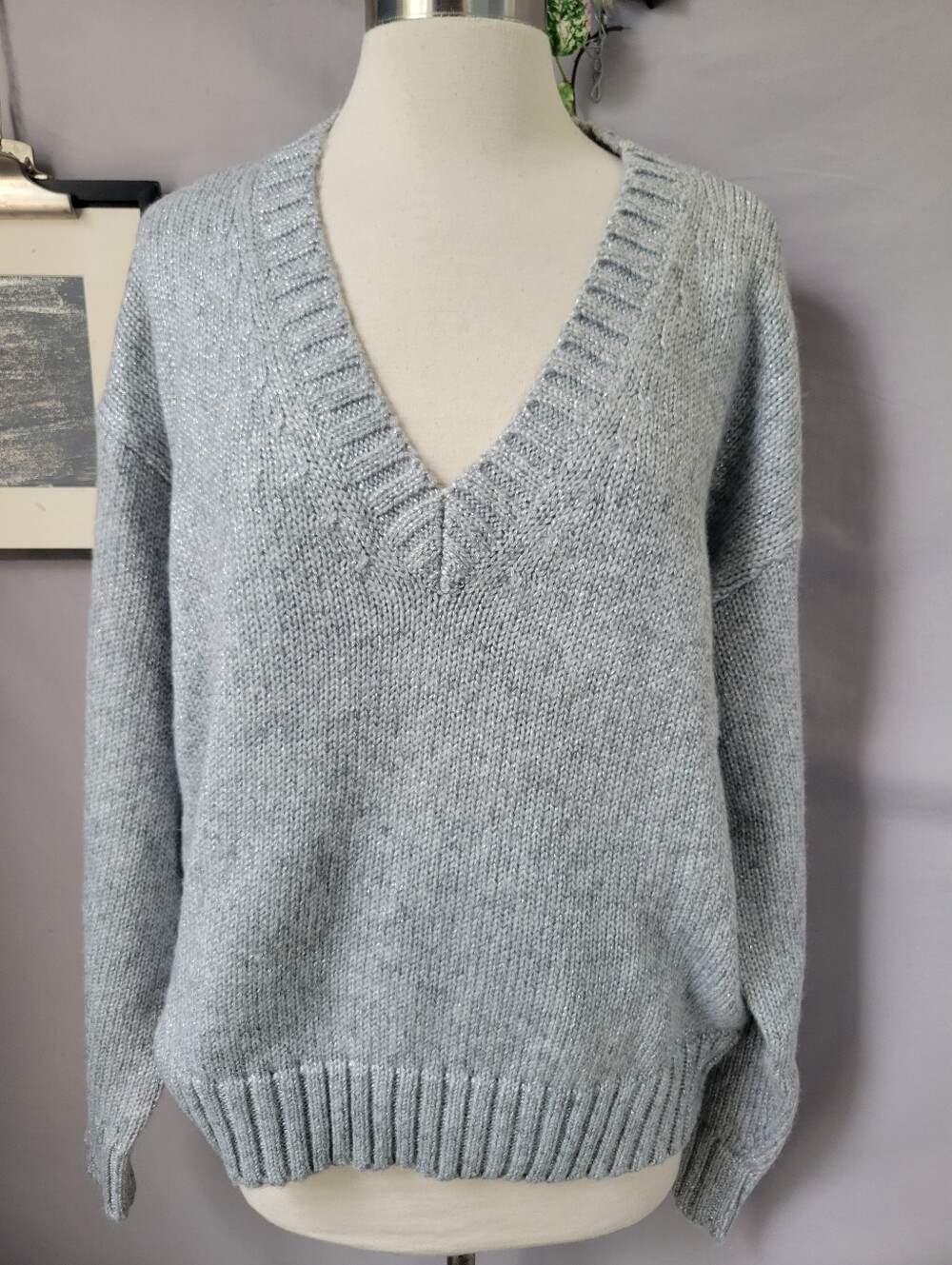 Lauren Ralph Lauren Black Label Metallic V Neck Sweater Gray XL